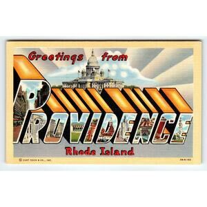 Greetings From Providence Rhode Island Large Letter Postcard Linen Curt Teich